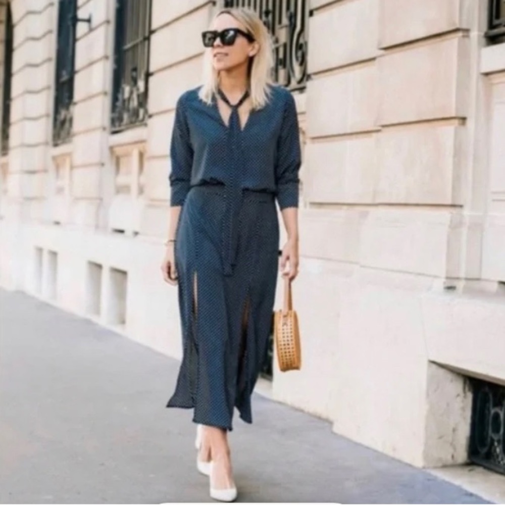 Alexie stylish “Noelle” navy polka dot midi dress